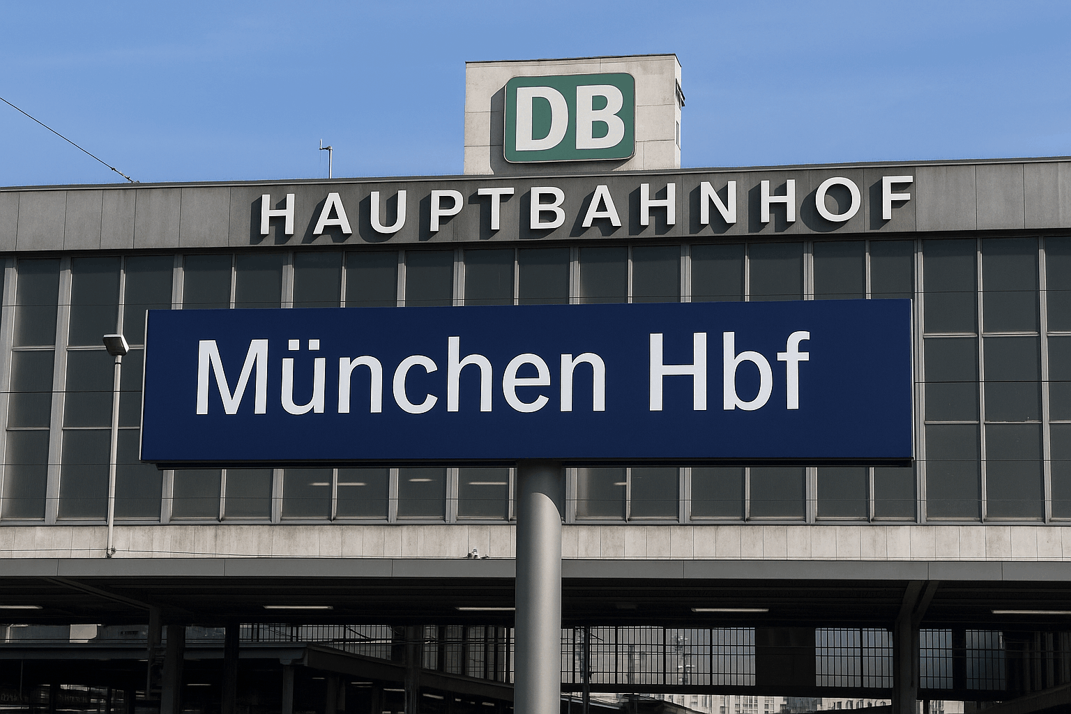 Eingang des Münchner Hauptbahnhofs mit DB-Logo und dem blauen Schild ‚München Hbf‘ bei Tageslicht – zentraler Verkehrsknotenpunkt in Bayern.