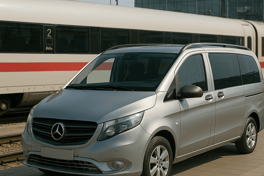 Moderner Mercedes Vito vor dem Terminal 2 des Münchner Flughafens, bereit für einen privaten Transfer oder Abholung. Ideal für Fahrdienstleistungen, Flughafen-Shuttles, Hoteltransfers oder Businessreisen in Bayern. Im Hintergrund ist ein ICE-Zug zu sehen – optimale Anbindung an Bahnhof und Flughafen.